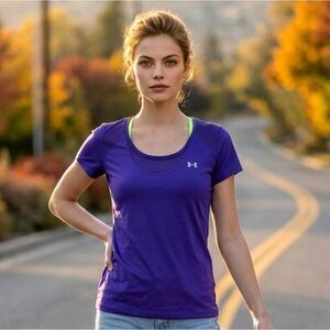 Under Armour Women's Tech Mesh Jersey Tee Shirt Crew-Neck Purple Loose Heat Gear
